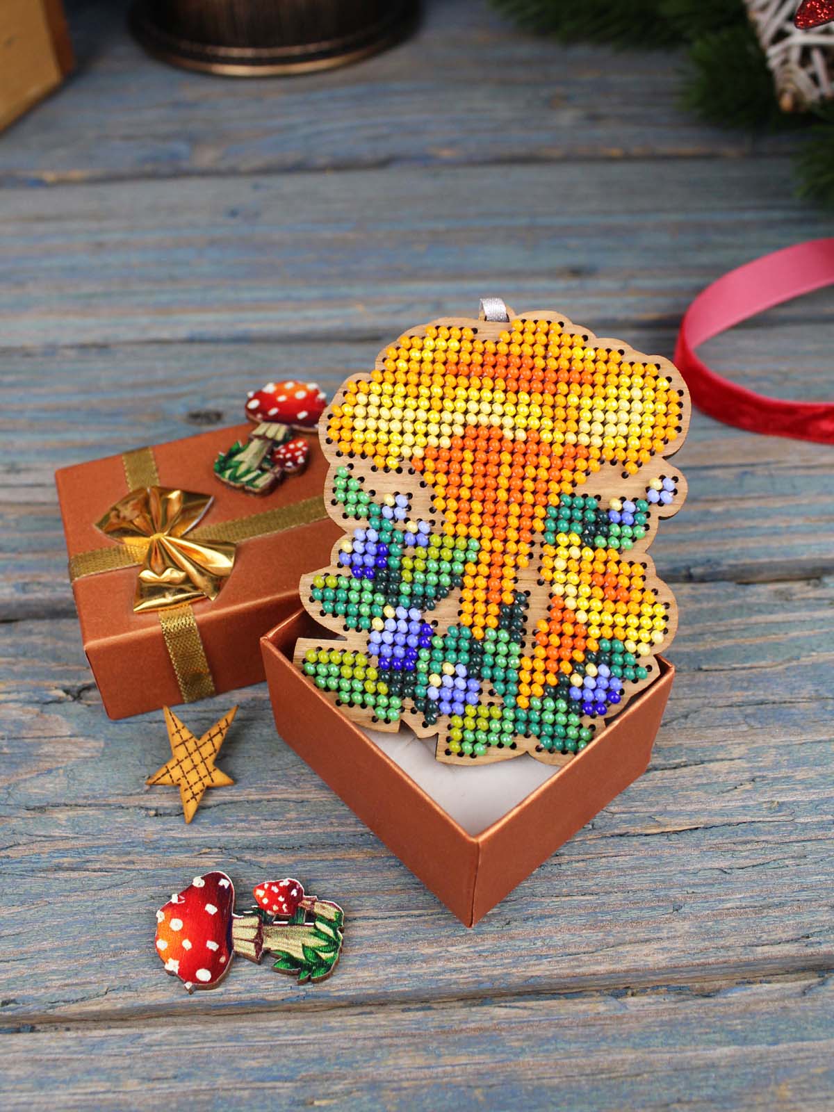 Wooden Bead Embroidery Kit “Chanterelle Mushroom” MP Studia SO-148 – Christmas Decoration 8×6 cm