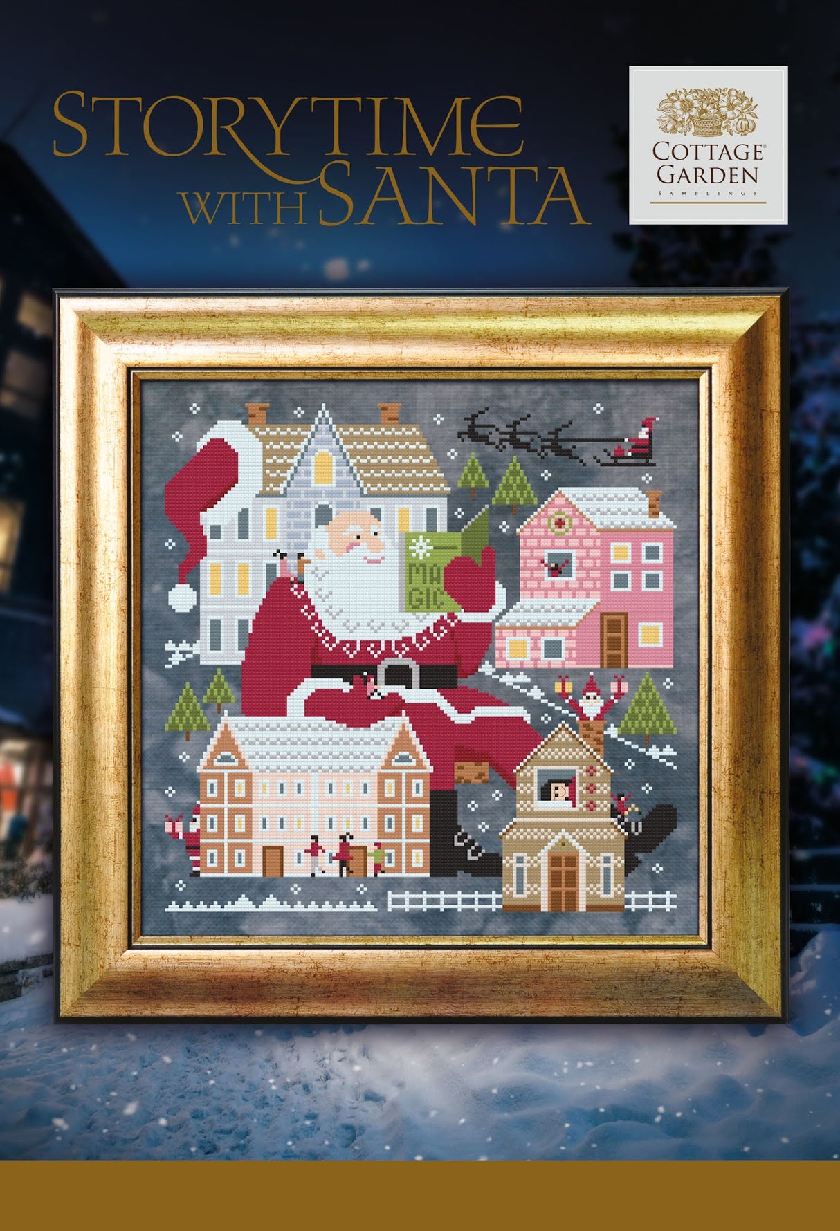 Heure du conte avec le Père Noël - Tableau de point de croix - Échantillons de jardin de chalet