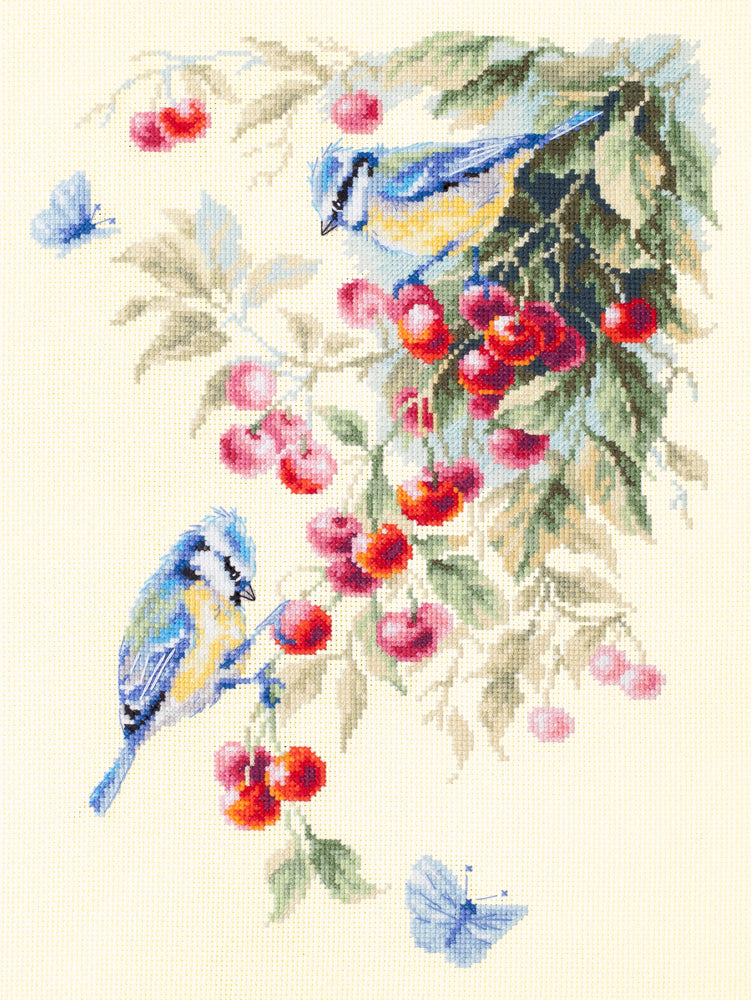 130-021 Blue Tits and Cherry. Kit de Punto de Cruz Magic Needle