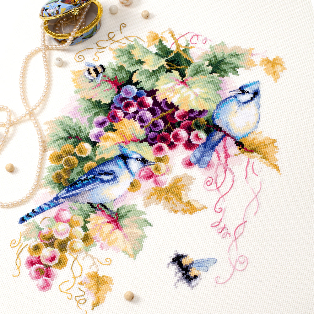 130-022 Blue Jay and Grapes. Kit de Punto de Cruz Magic Needle