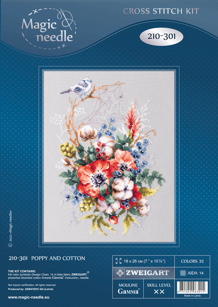 Coquelicot et coton. Kit point de croix aiguille magique 210-301