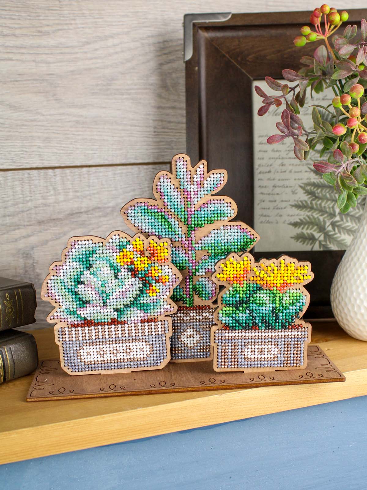 Kit avec perles sur base en bois « Succulent Garden » MP Studia SO-160 – Décoration 3D 14×20×7 cm
