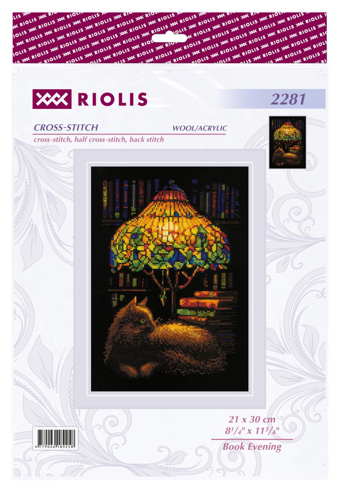 Kit de Punto de Cruz – Book Evening 2281 | Gato, lámpara Tiffany y libros sobre fondo negro