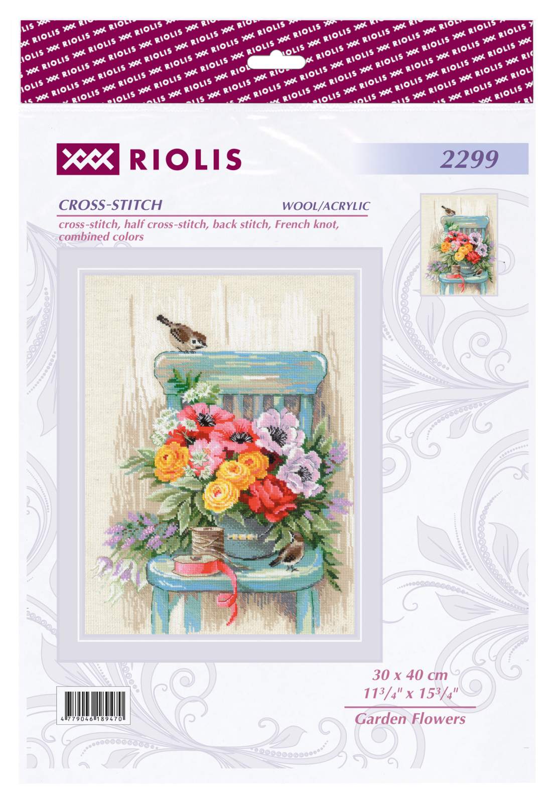 Kit de point de croix – Fleurs de jardin 2299 | Bouquet de fleurs sur chaise vintage