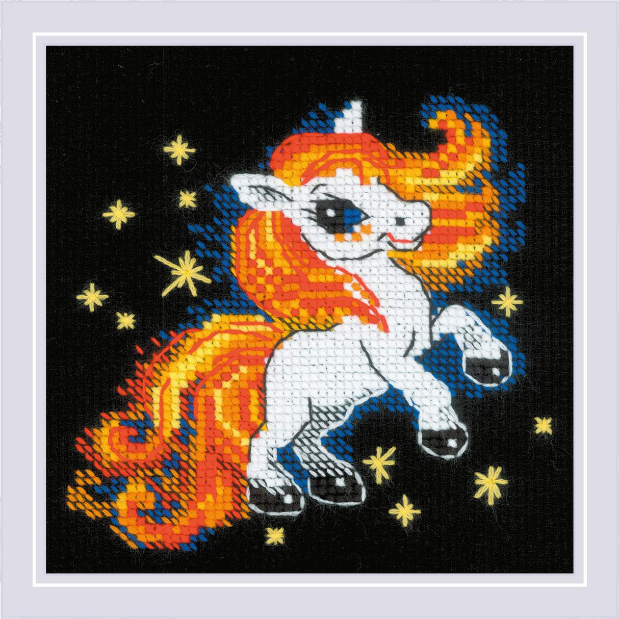 Kit de Punto de Cruz – Fiery Foal 2292 | Diseño infantil con potro mágico sobre fondo negro