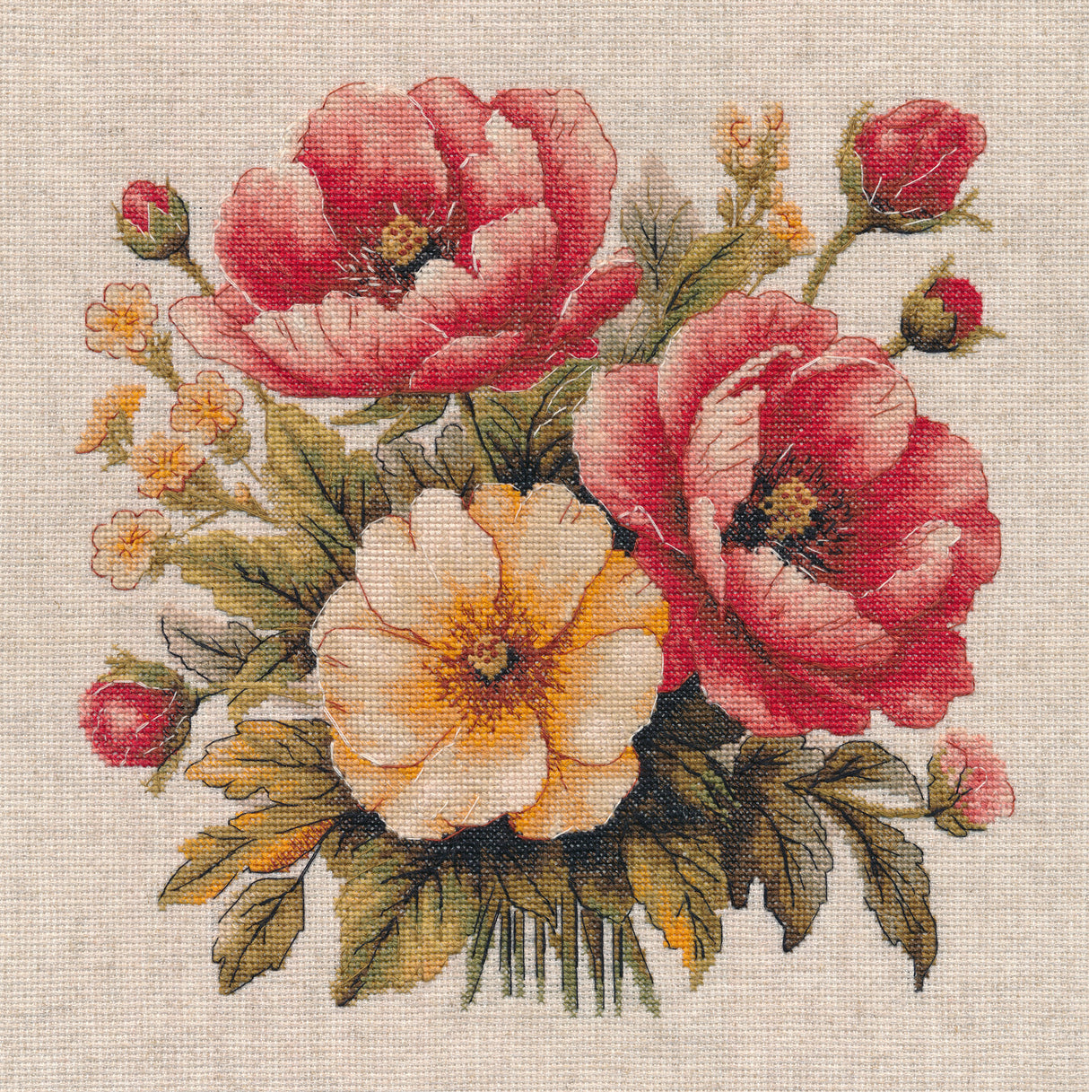 Kit de punto de cruz Oven 1733 Enchanting Bouquet con ramo de amapolas rojas, flor clara central, capullos y hojas verdes bordado sobre lino.