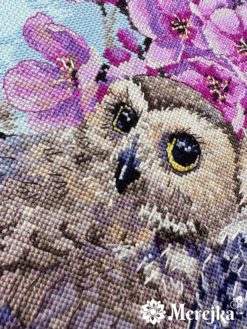 Premium Cross Stitch Kit K-228 Merejka Two Owls in Spring Blossom