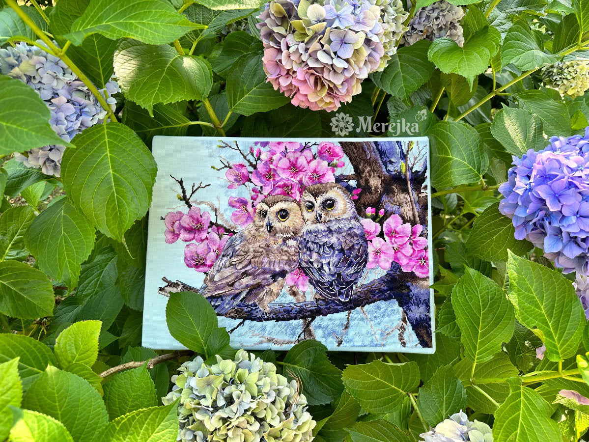 Premium Cross Stitch Kit K-228 Merejka Two Owls in Spring Blossom