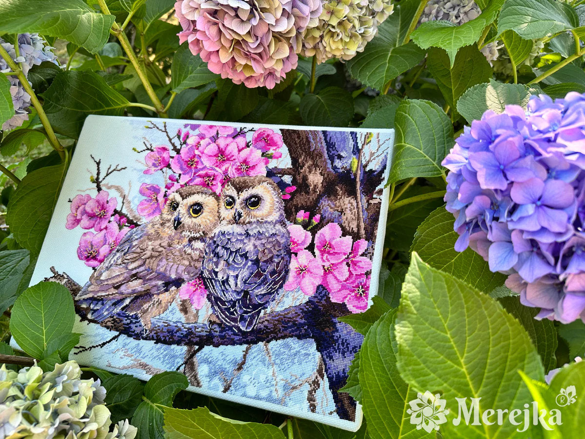 Premium Cross Stitch Kit K-228 Merejka Two Owls in Spring Blossom