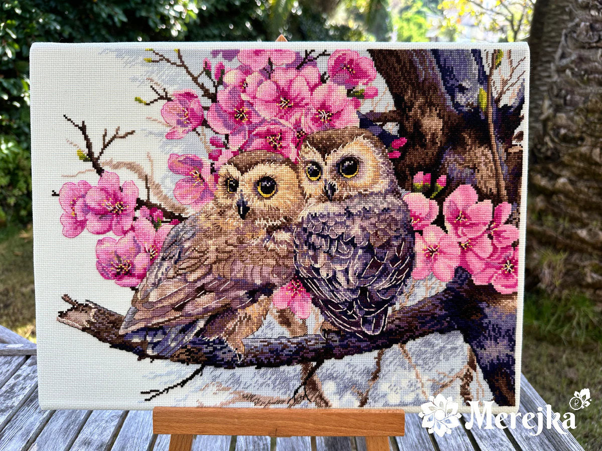 Premium Cross Stitch Kit K-228 Merejka Two Owls in Spring Blossom