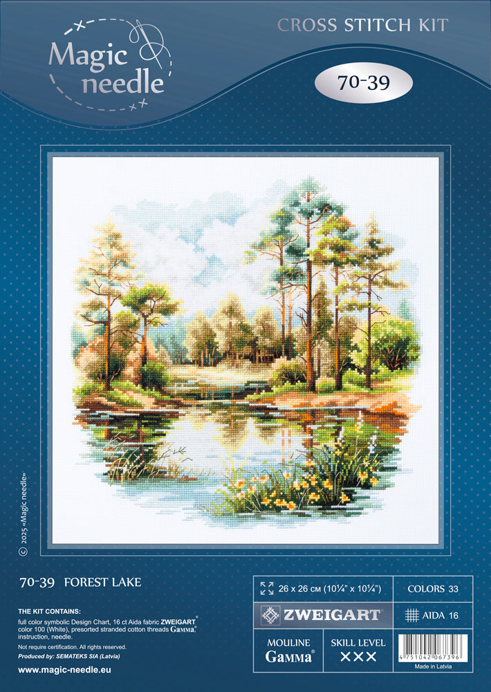Kit de punto de cruz Magic Needle 70-39 Forest Lake, paisaje de lago y bosque