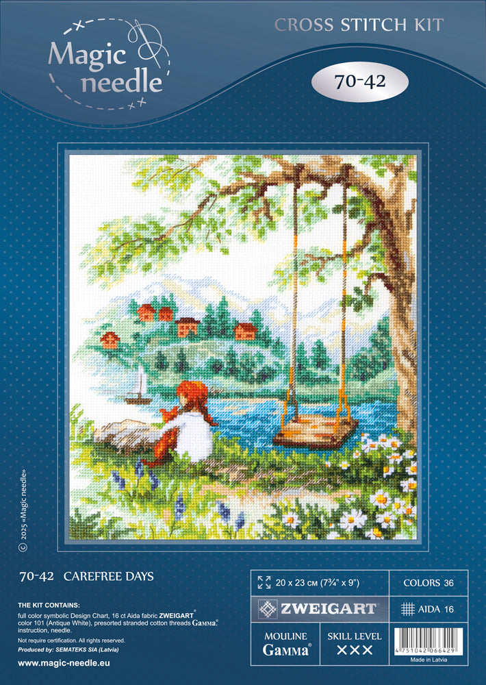 Kit de punto de cruz Magic Needle 70-42 Carefree Days con niña y paisaje de lago