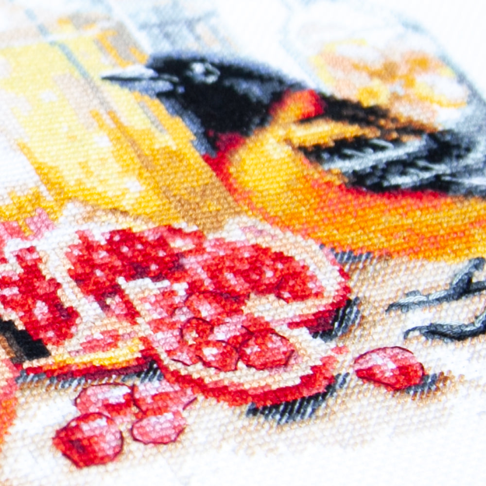 Kit de punto de cruz Magic Needle 70-49 Pomegranate Breakfast con granadas y pájaros