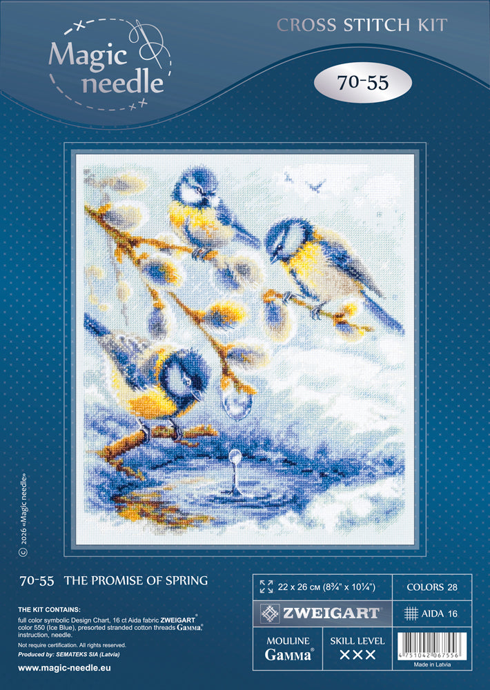 Kit de punto de cruz Magic Needle 70-55 The Promise of Spring con pájaros, 22 x 26 cm