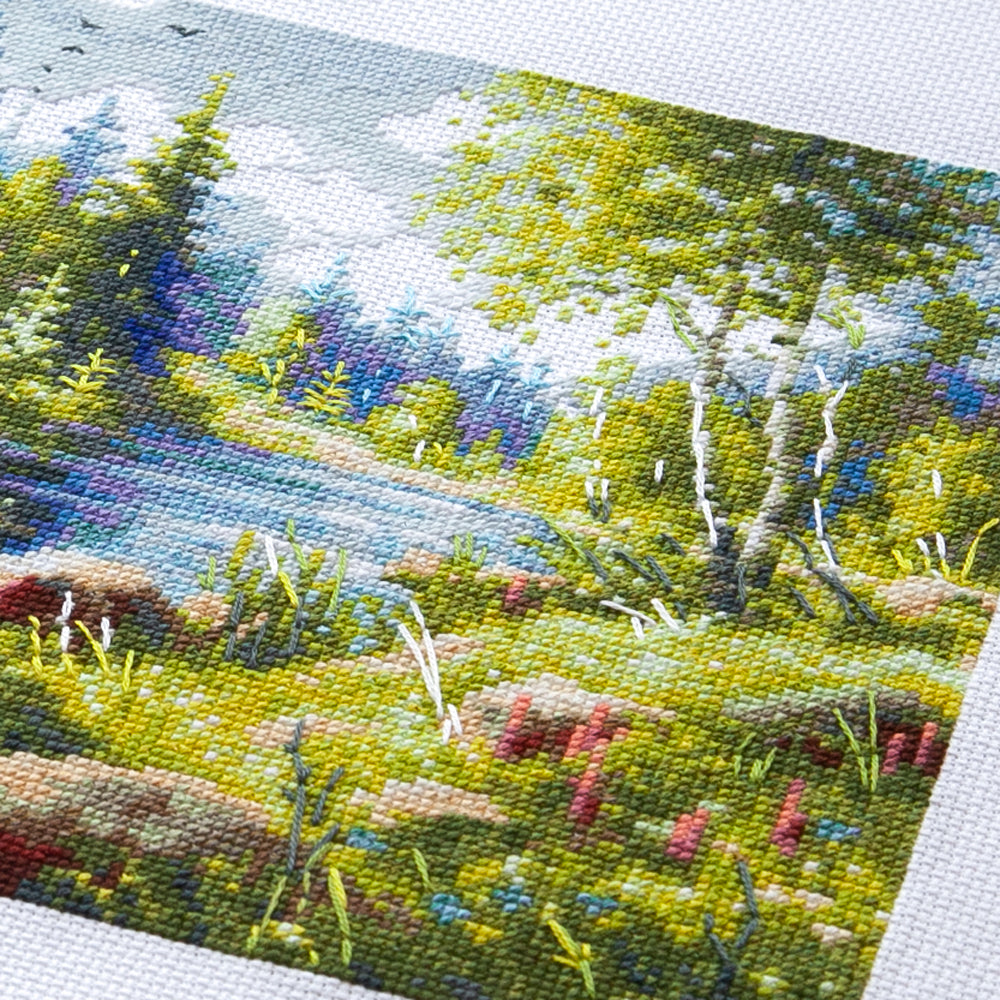Kit de punto de cruz Magic Needle 70-61 A Day in Calm con paisaje de lago y barca
