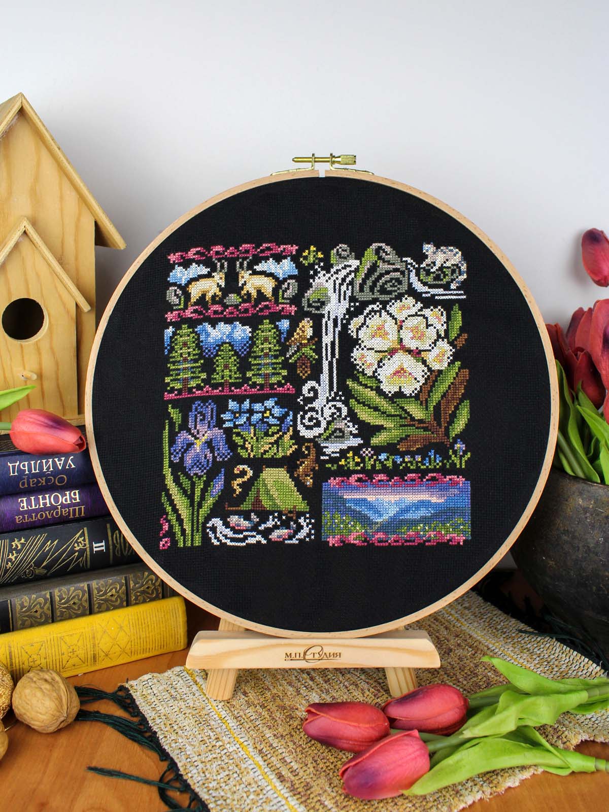 Kit de punto de cruz MP Studia SNV-1030 Sampler Twilight in the Mountains – Atardecer en las Montañas 19x19 cm