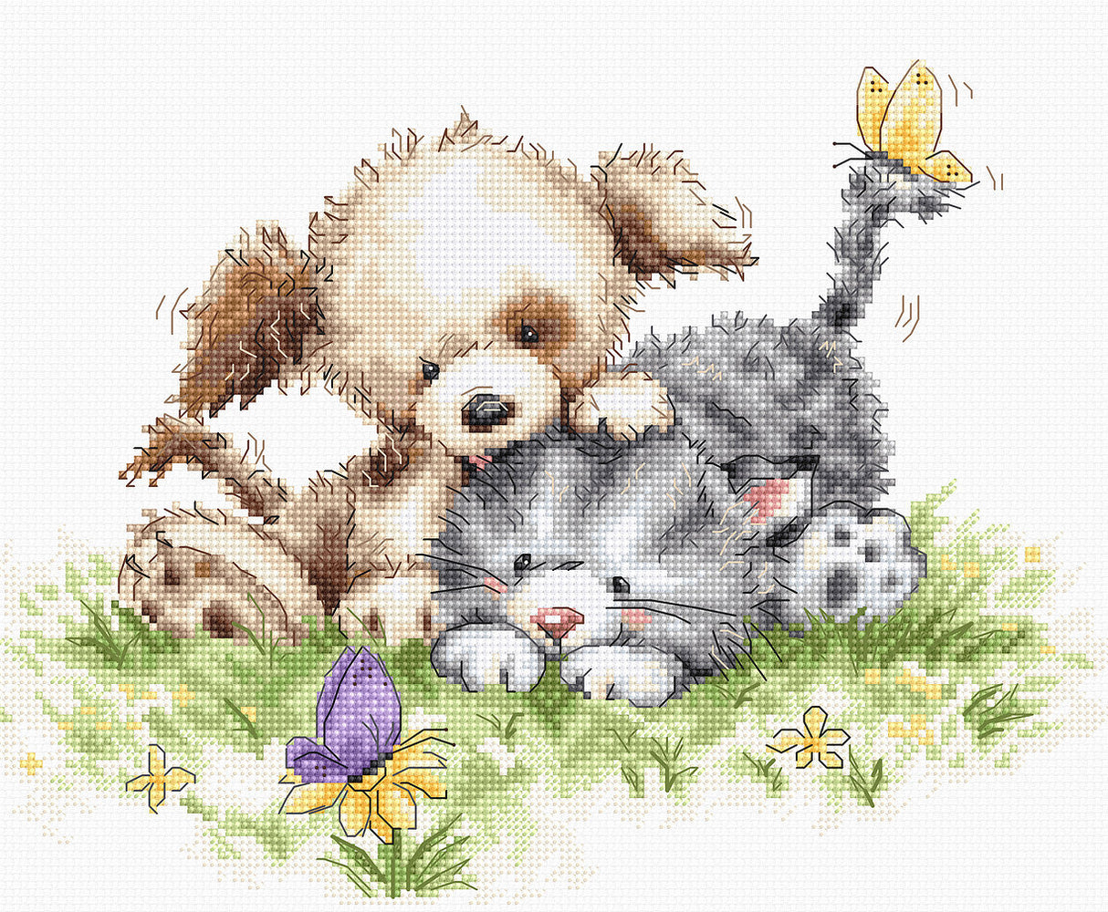 Chien et chat avec papillon - B1185 Luca-S - Kit de point de croix