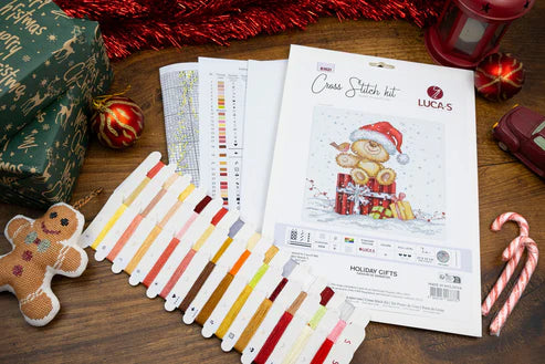 Luca-S B1431 – Cadeaux de Noël | Kit de point de croix de Noël avec ours en peluche et cadeaux