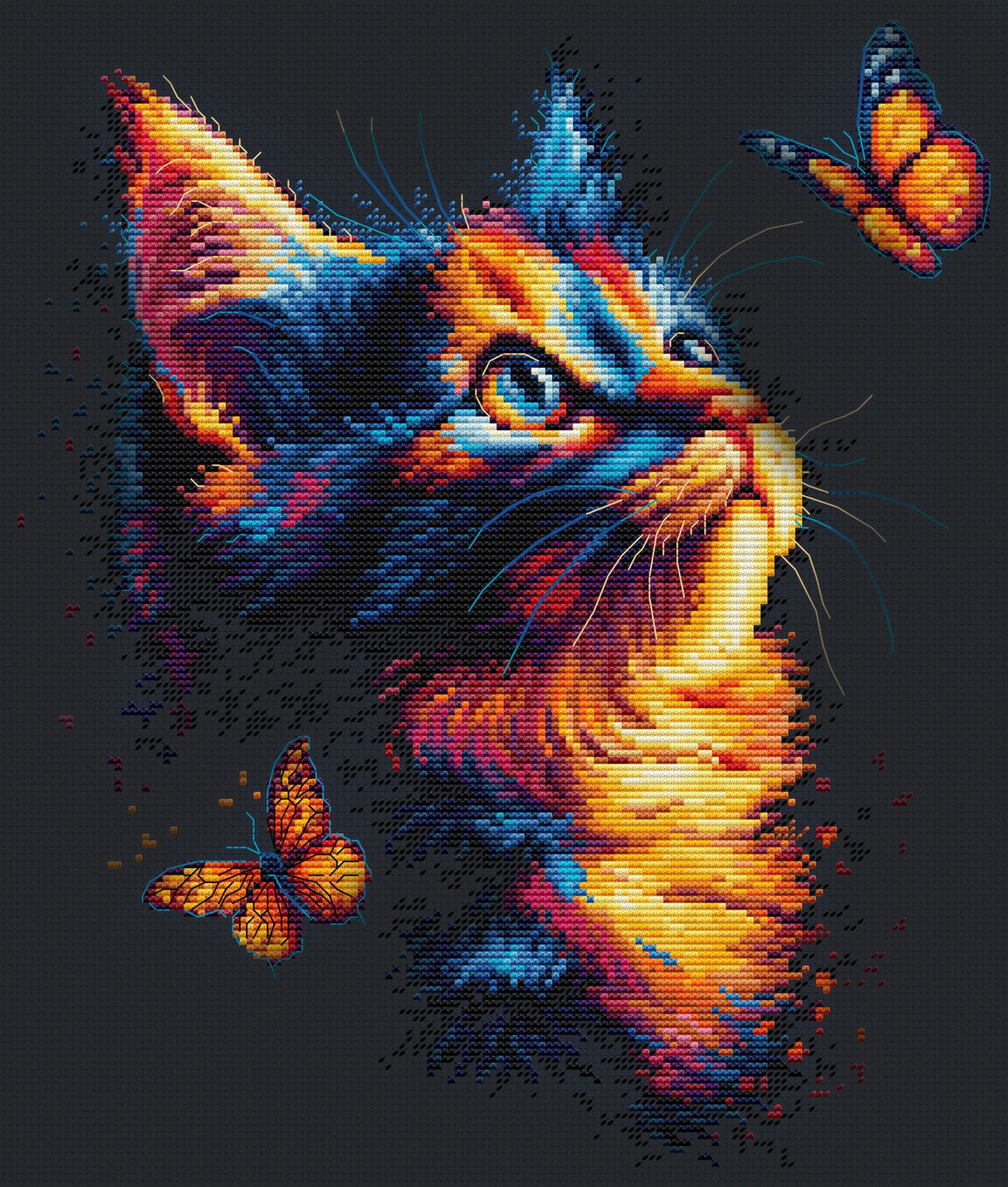 Luca-S B1432 – The Charm of Butterflies | Kit de punto de cruz con gato y mariposas sobre fondo oscuro
