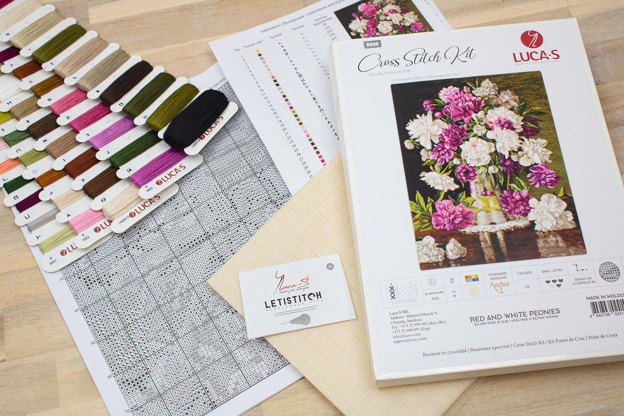 B608 Peonías rojas y blancas - Luca-S - Kit de Punto de Cruz