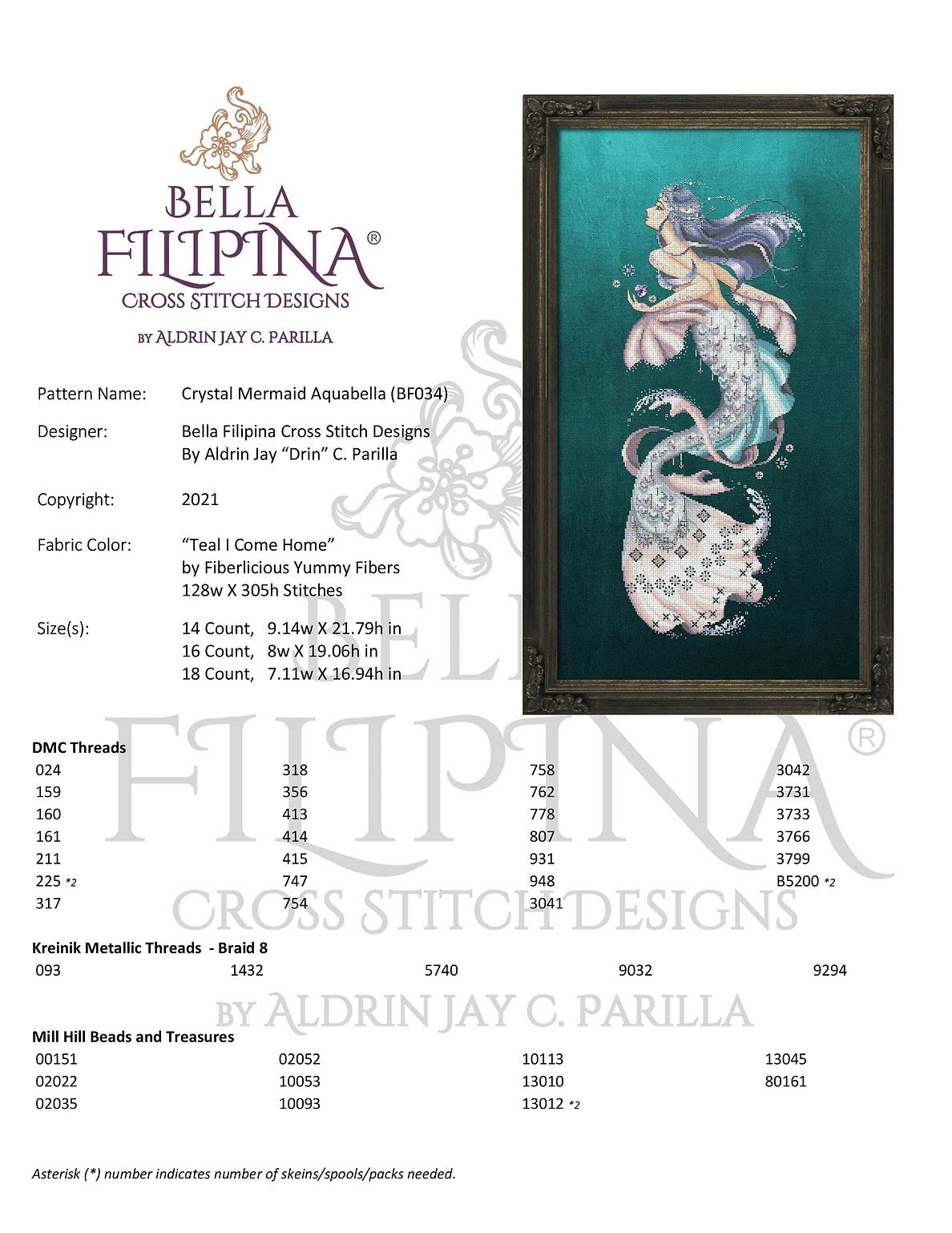 Crystal Mermaid Aquabella - Bella Filipina - Esquema punto de cruz BF034