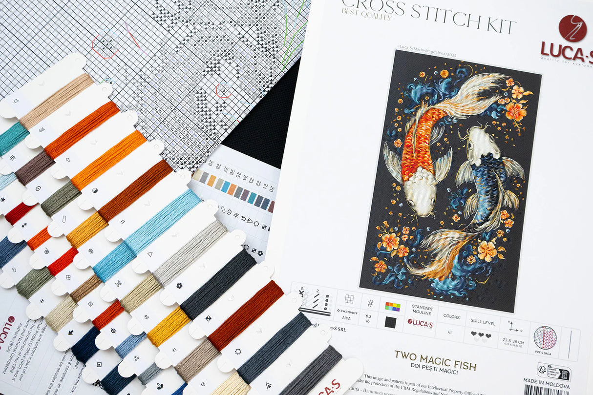 Luca-S BU5091 – Deux poissons magiques | Kit de point de croix avec carpes koï sur fond sombre