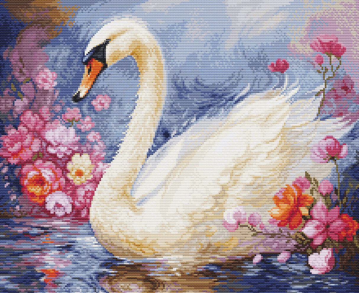 Cisne blanco rodeado de flores rosas bordado en punto de cruz con reflejo en el agua estilo artístico detallado