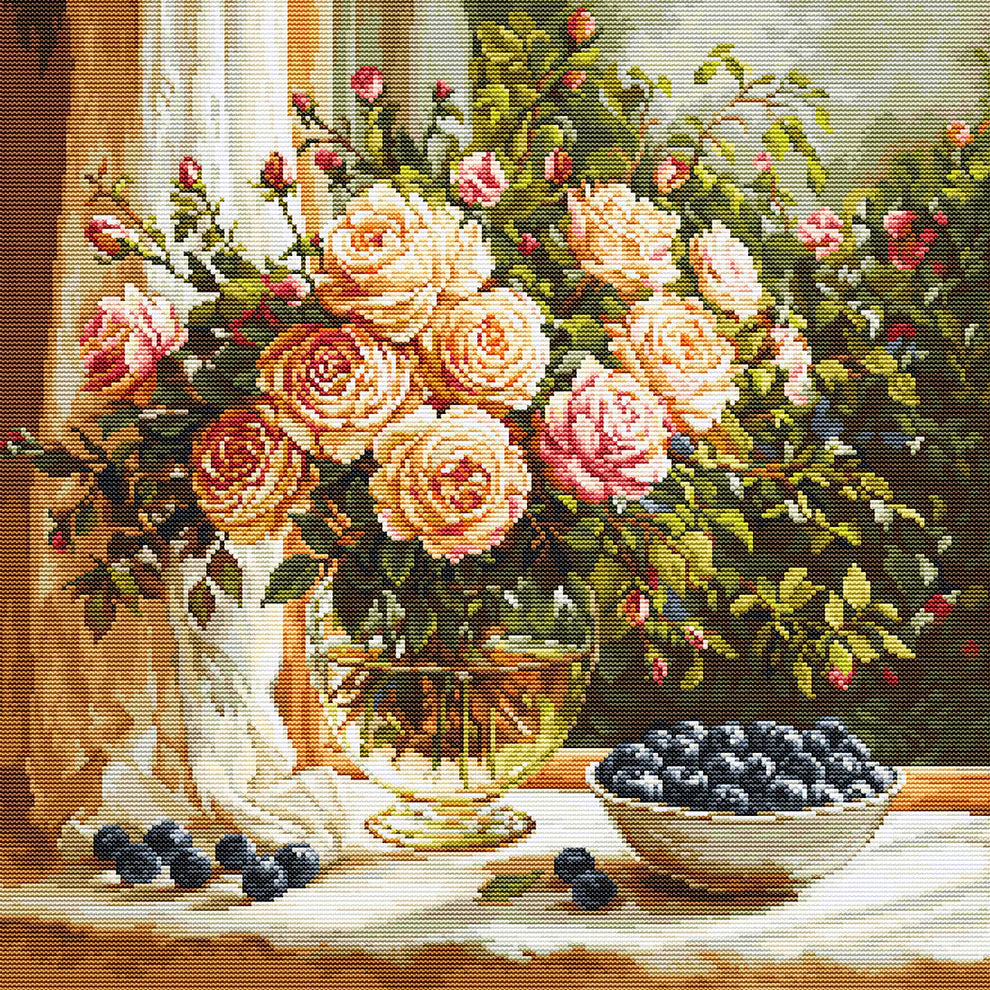 Luca-S GOLD Cross Stitch Kit – Vase with Roses and Blueberries B719