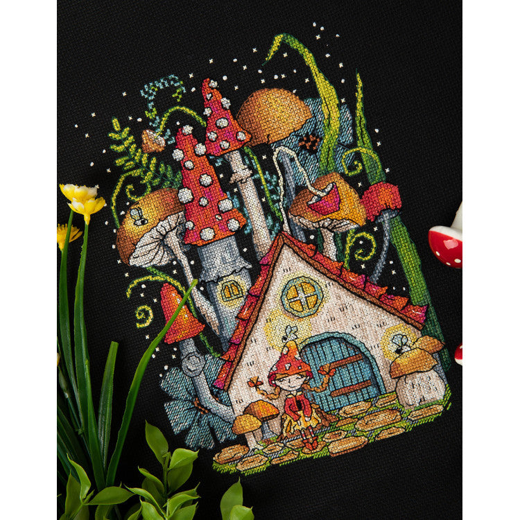 PANNA “Mushroom House” Cross Stitch Kit PVS-7321 – Mushroom House on Black Aida