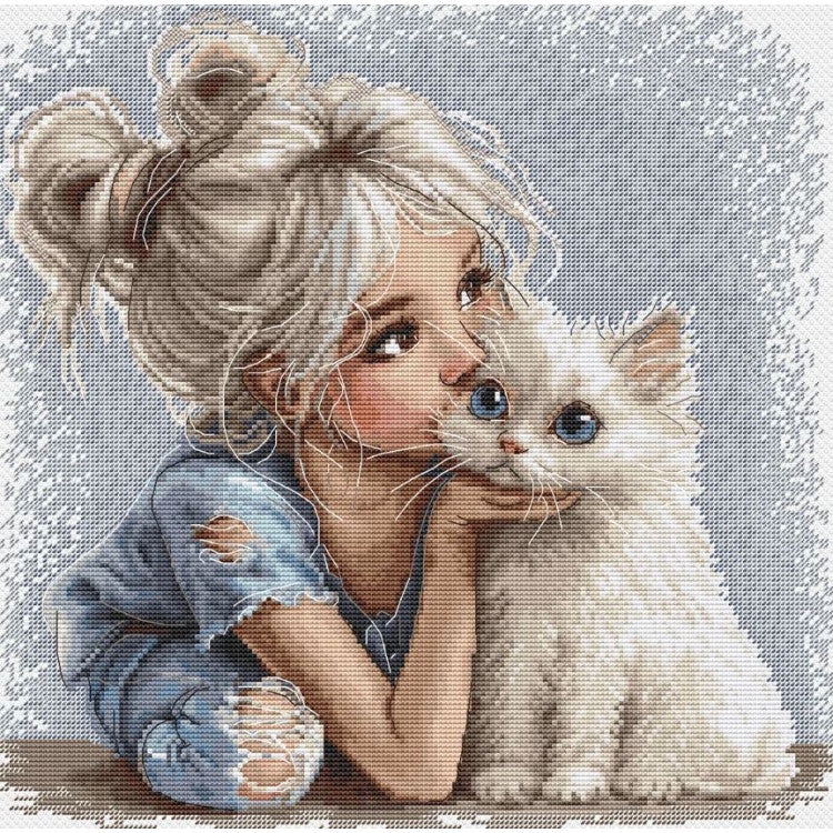 Kit de punto de cruz Andriana Amiga SAND-48 con diseño de niña rubia abrazando un gatito blanco de ojos azules