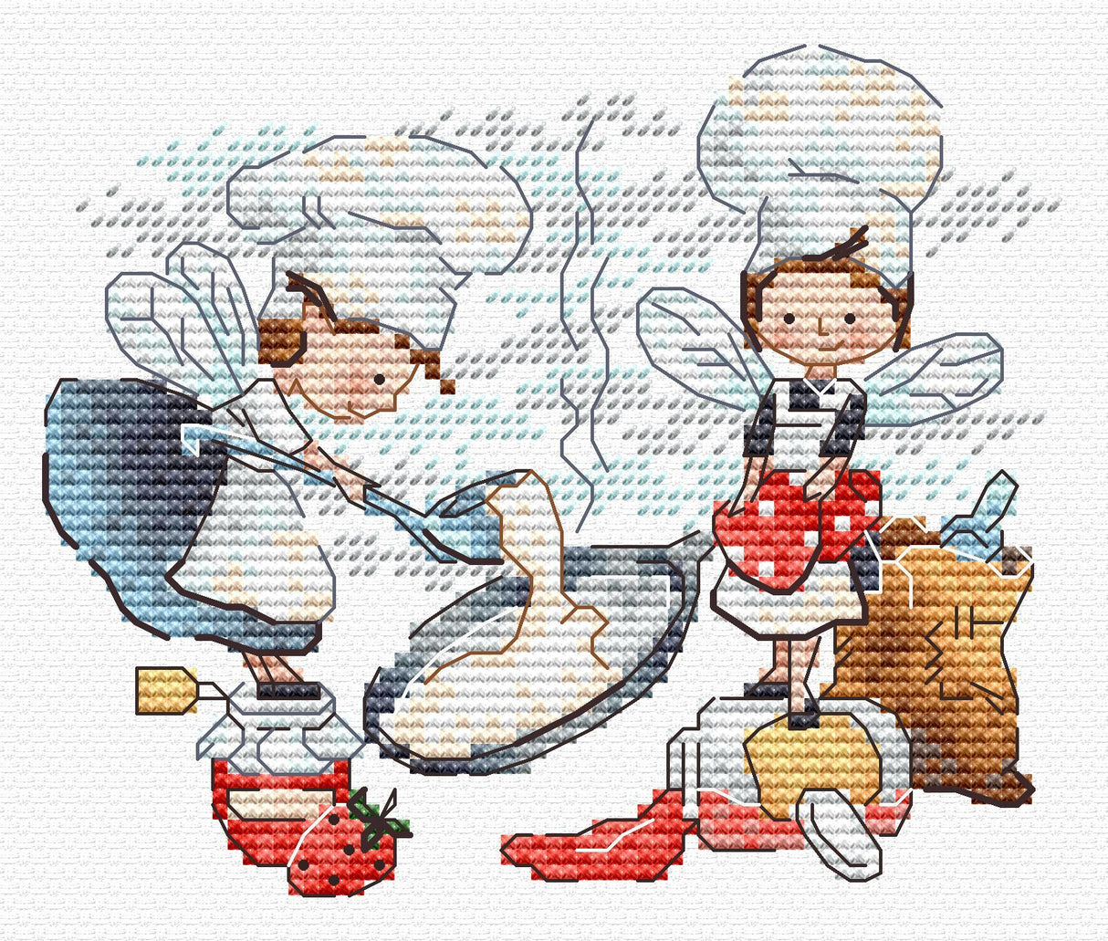 Kit de punto de cruz MP Studia La primera tortita SM-984 con escena de fantasía de pequeños personajes cocinando tortitas en la cocina