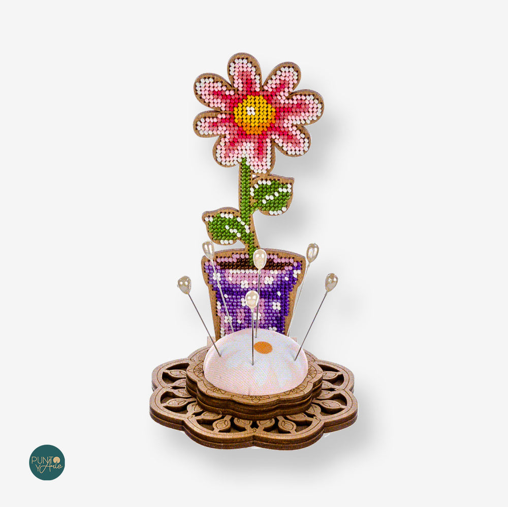 FLK-280 Coussin à épingles - Fleur - Kit avec perles - Bois