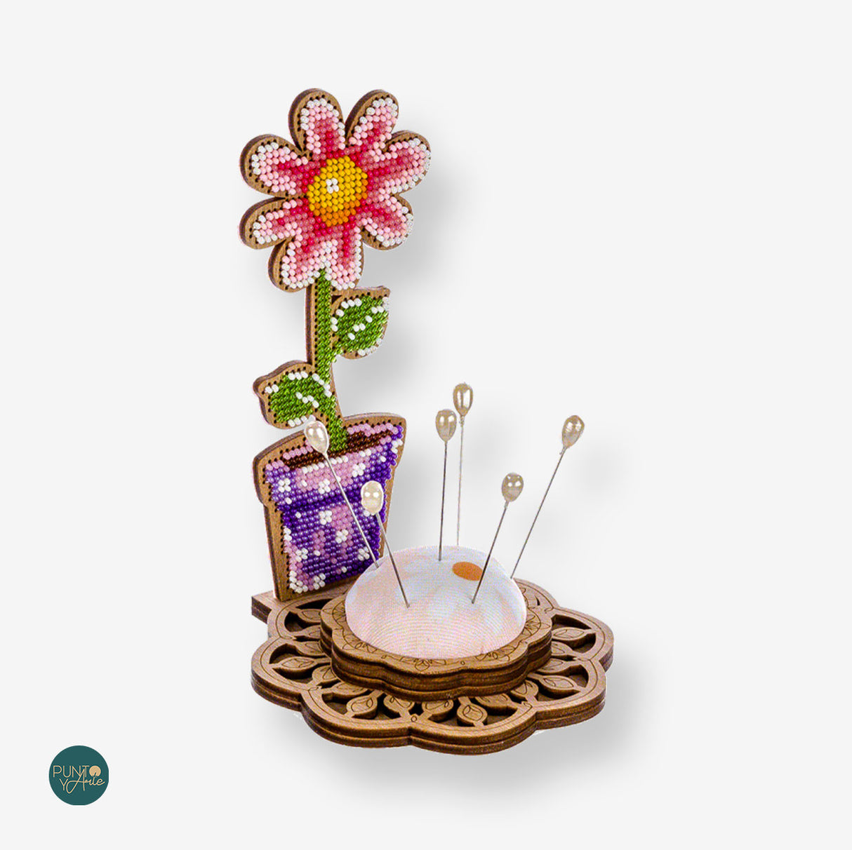 FLK-280 Coussin à épingles - Fleur - Kit avec perles - Bois
