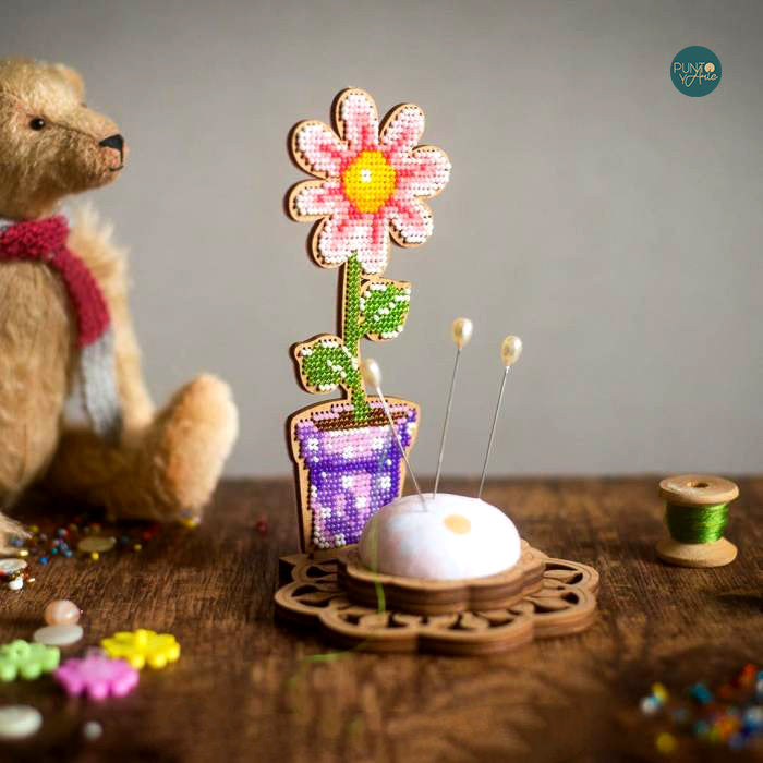 FLK-280 Coussin à épingles - Fleur - Kit avec perles - Bois