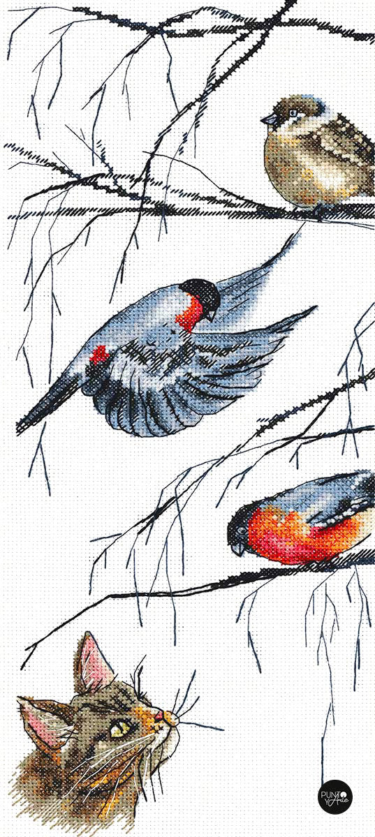 Pájaros y un gato curioso - Panna - Kit de punto de cruz J-7129