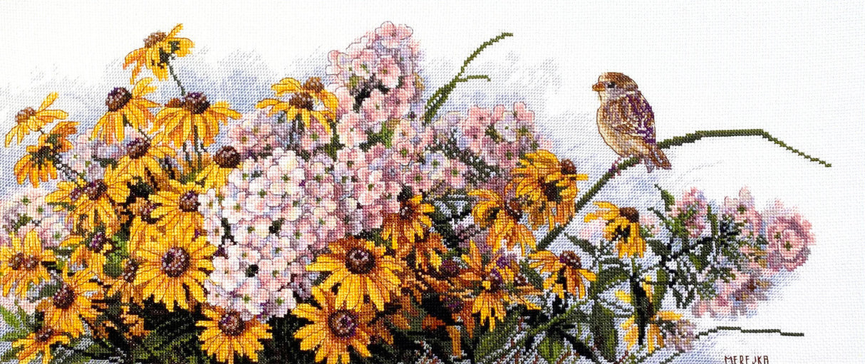 K-208 Cross Stitch Kit "Black Eyed Susans and Phlox" by Merejka
