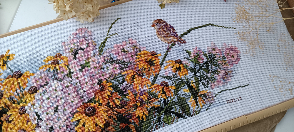 K-208 Cross Stitch Kit "Black Eyed Susans and Phlox" by Merejka