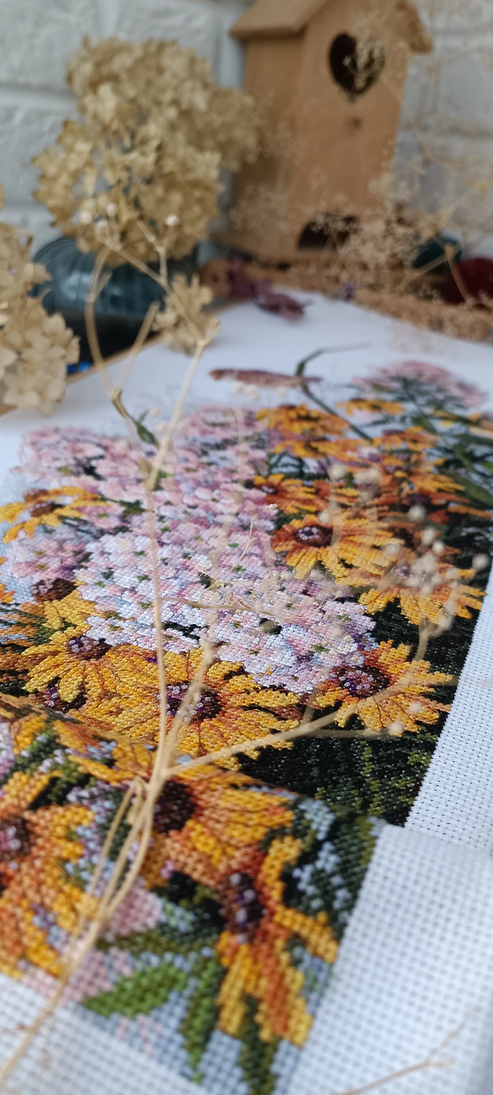 K-208 Cross Stitch Kit "Black Eyed Susans and Phlox" by Merejka