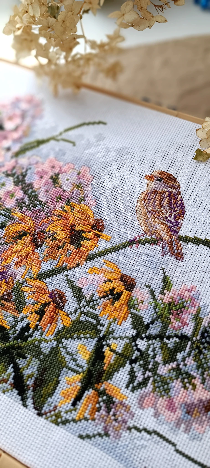 K-208 Cross Stitch Kit "Black Eyed Susans and Phlox" by Merejka