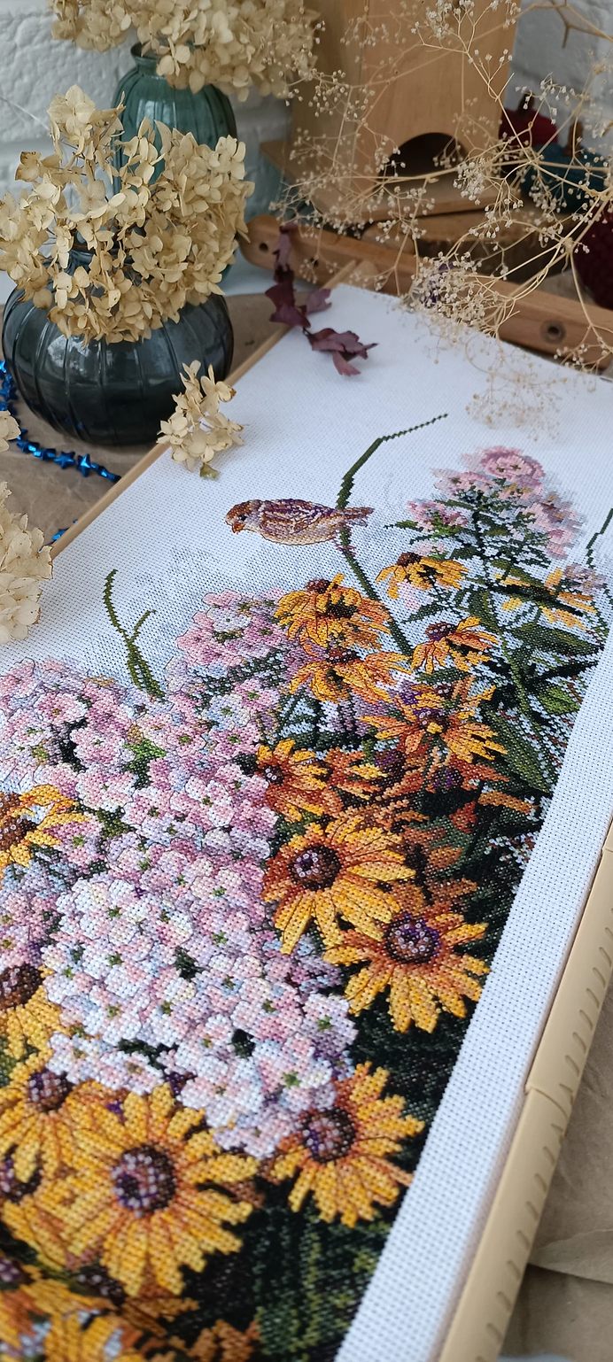 K-208 Cross Stitch Kit "Black Eyed Susans and Phlox" by Merejka
