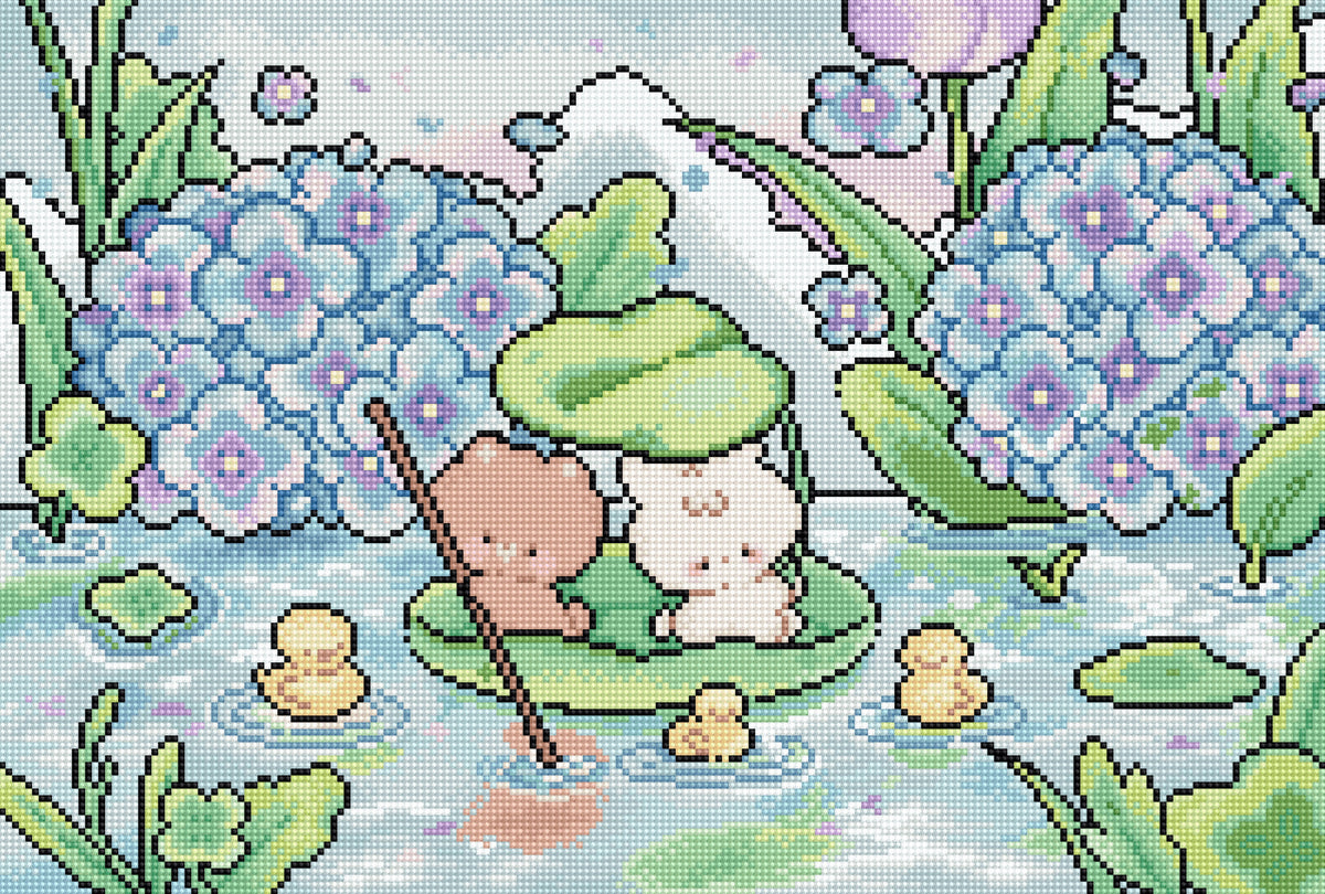 Kit de Punto de Cruz Letistitch L10-011 Rainy Day - osito y conejito en un estanque con hortensias
