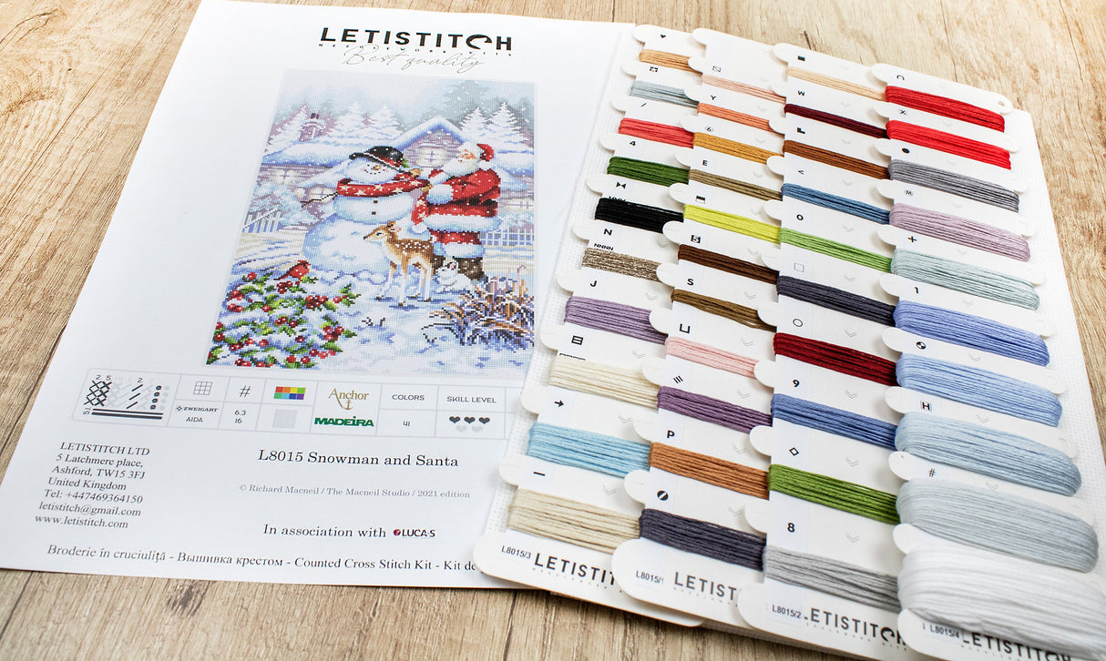 Christmas Charm: Cross Stitch Kit L8015 with Snowman and Santa by LETISTITCH