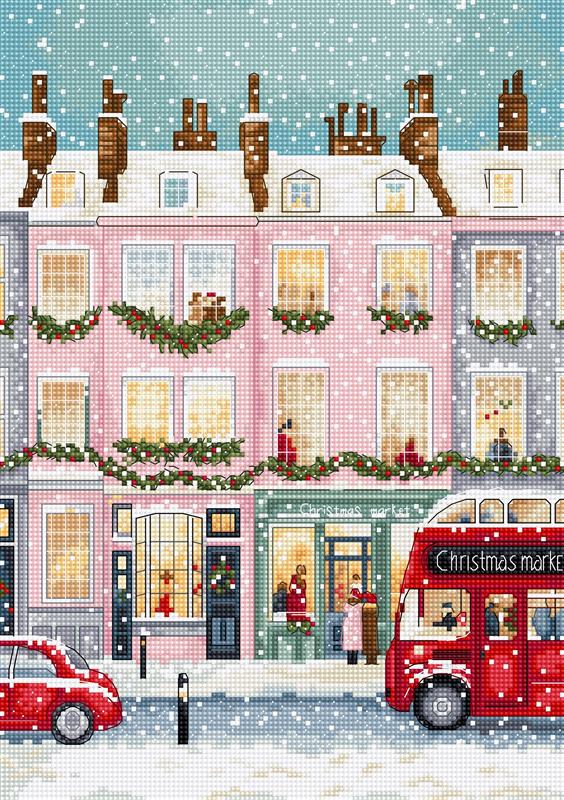 Kit de punto de cruz LetiStitch L9983 escena navideña en Londres con autobús rojo y casas decoradas