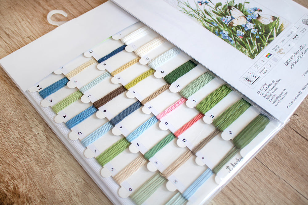 LETI 939 Butterflies and bluebird flowers - Cross Stitch Kit LETISTITCH