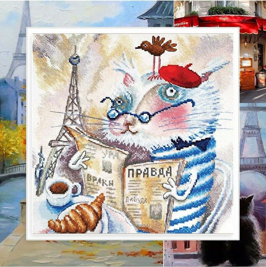 Cat reading a book in Paris. RTO M843. Cross stitch kit