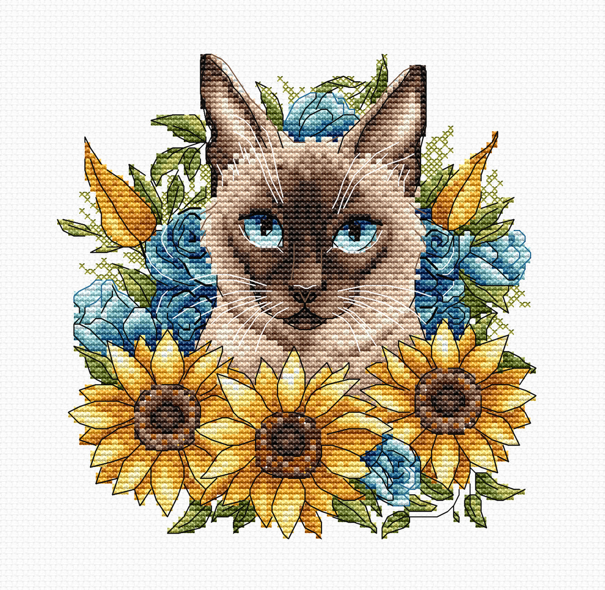 Kit de Punto de Cruz - Gato Siames con Girasoles - P020 Punto y Arte