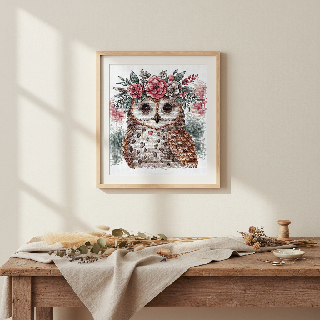 Le hibou et son bandeau naturel - Kit de point de croix AVA Stitch P028
