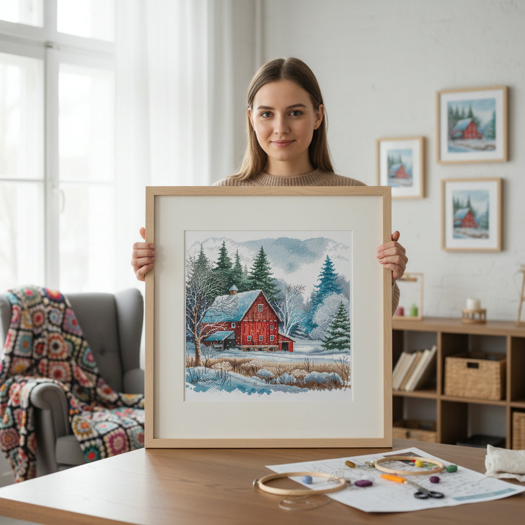 Kit de Punto de Cruz "La Cabaña Roja bajo la Nieve" P044 de AVA Stitch