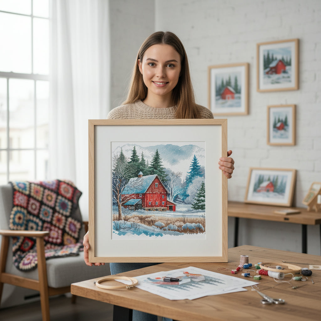 Kit de Punto de Cruz "La Cabaña Roja bajo la Nieve" P044 de AVA Stitch