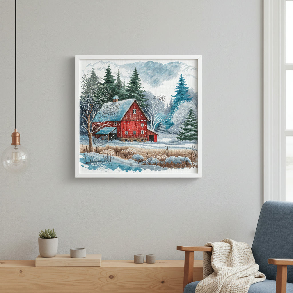Kit de Punto de Cruz "La Cabaña Roja bajo la Nieve" P044 de AVA Stitch